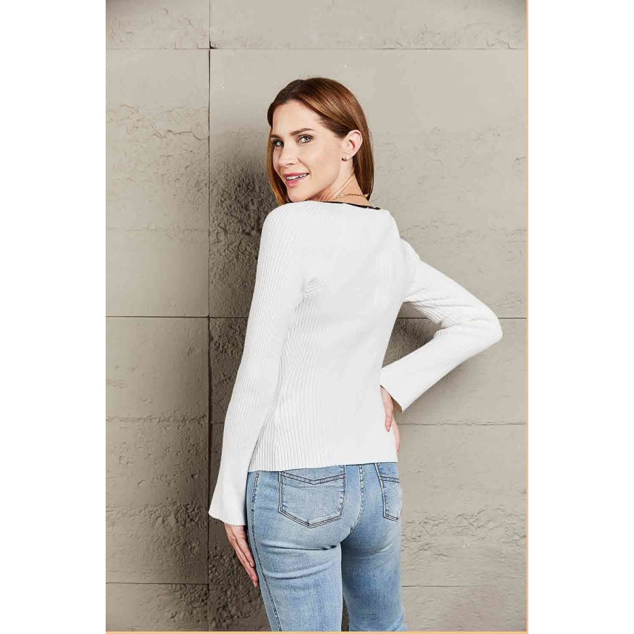 Double Take Contrast Sweetheart Neck Ribbed Top Shirts &amp; Tops