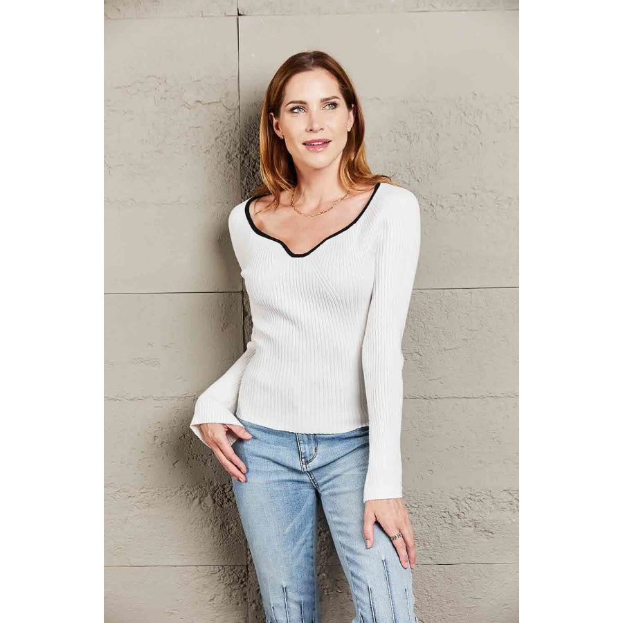Double Take Contrast Sweetheart Neck Ribbed Top White / S Shirts &amp; Tops