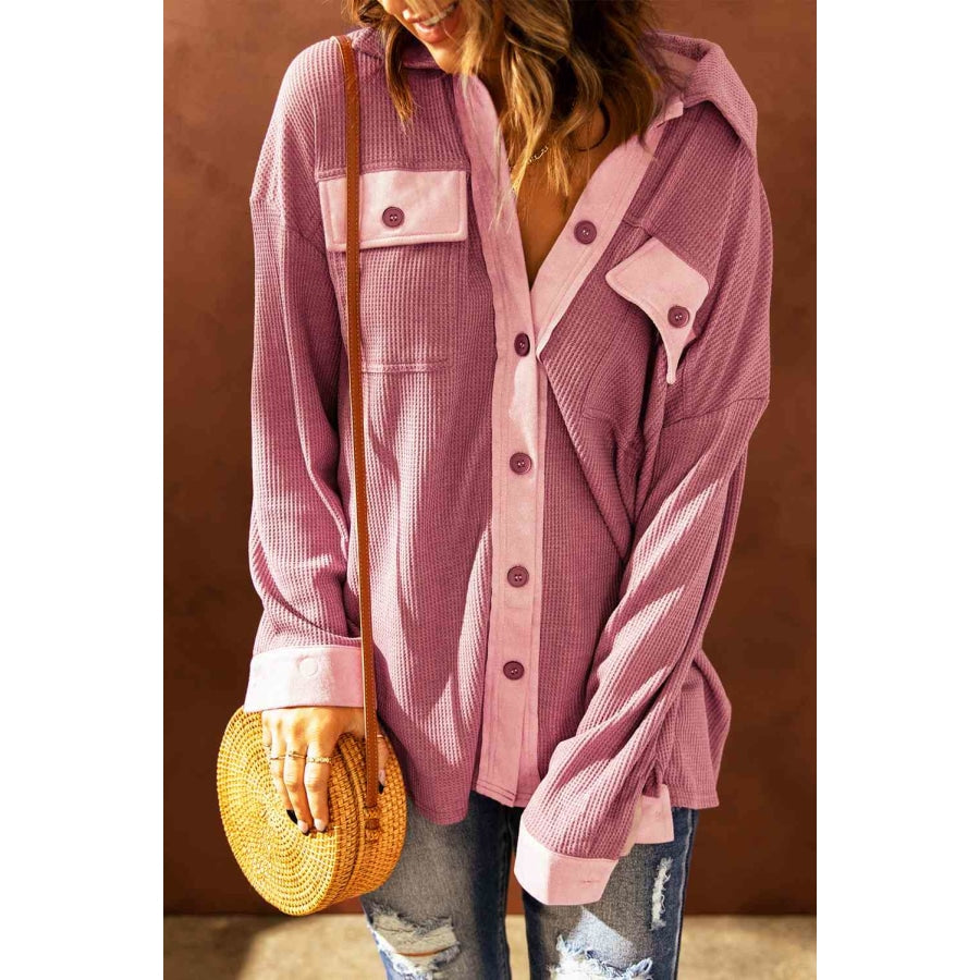 Double Take Contrast Waffle-Knit Shirt Jacket Pink / S Apparel and Accessories