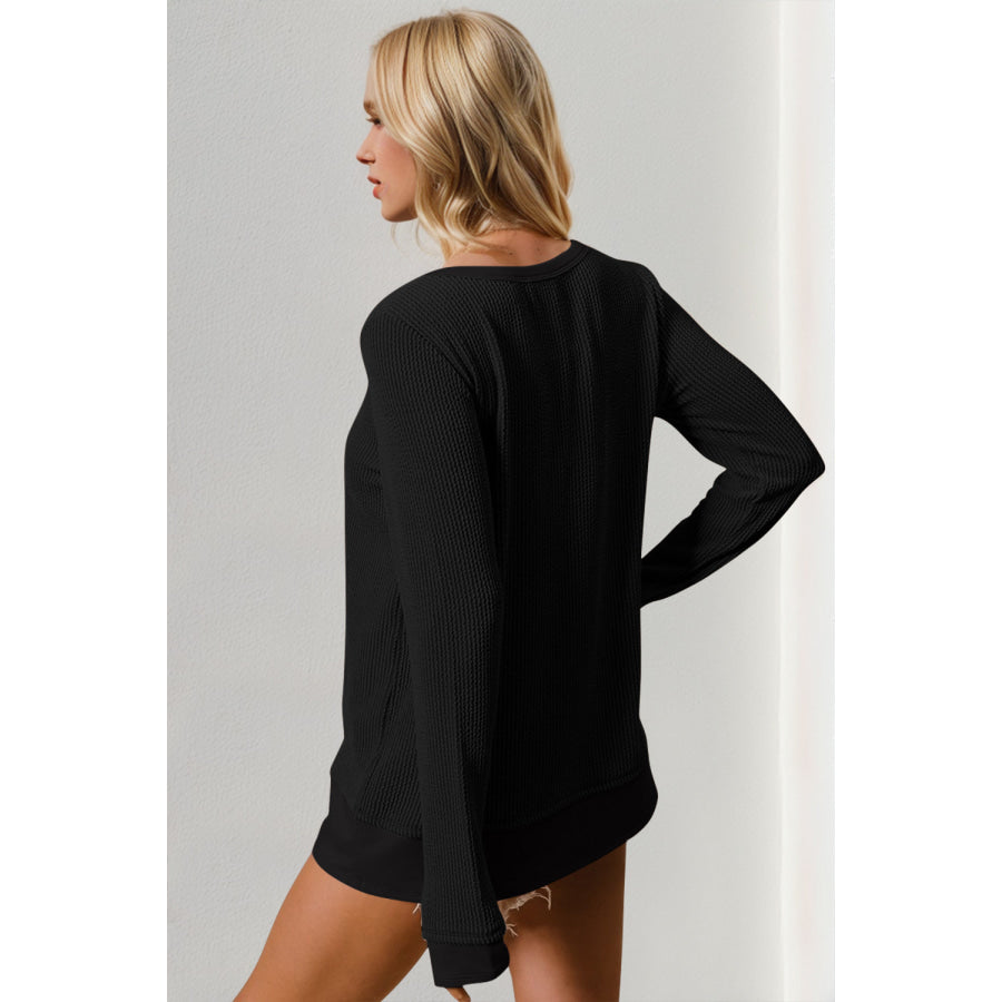 Double Take Corded Rib Thumbhole Cuff Round Neck T-Shirt Apparel and Accessories