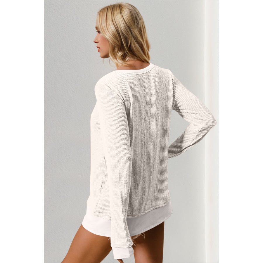 Double Take Corded Rib Thumbhole Cuff Round Neck T-Shirt Apparel and Accessories