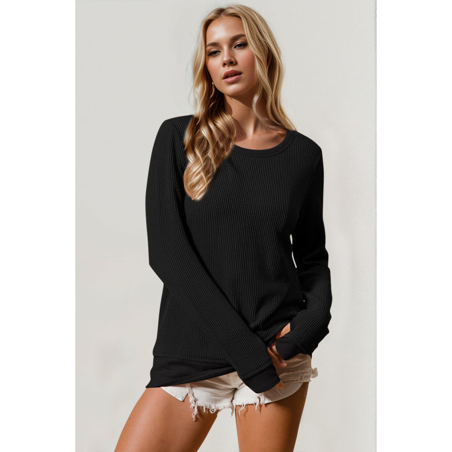 Double Take Corded Rib Thumbhole Cuff Round Neck T-Shirt Black / S Apparel and Accessories