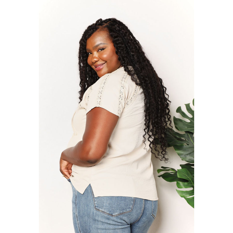 Double Take Crochet Buttoned Short Sleeves Top Pastel Yellow / S