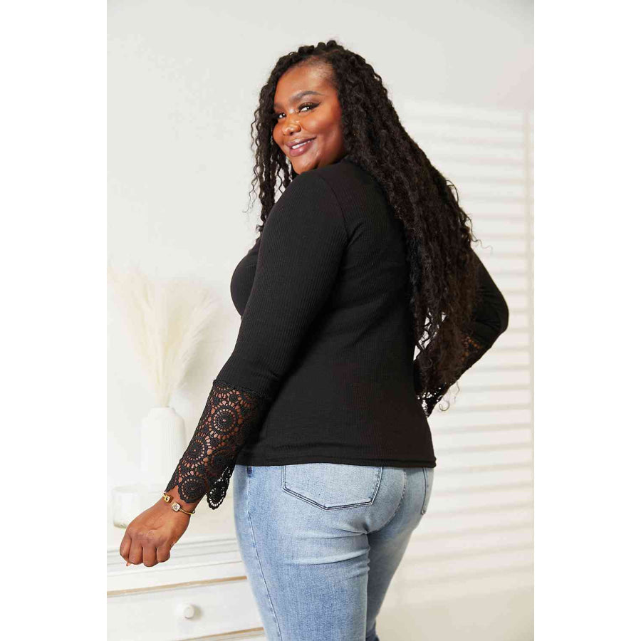 Double Take Crochet Lace Hem Sleeve Button Top Black / S Apparel and Accessories