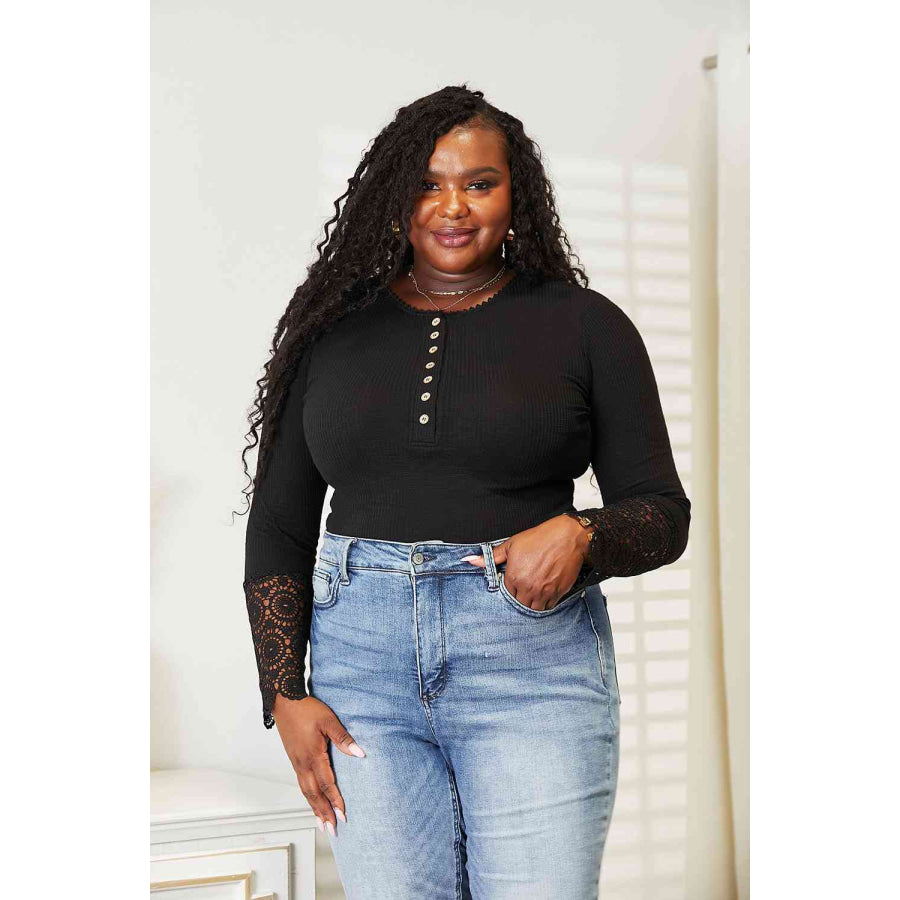 Double Take Crochet Lace Hem Sleeve Button Top Black / S Apparel and Accessories