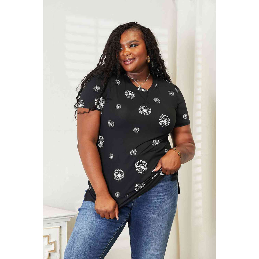 Double Take Dandelion Print Round Neck T-Shirt Black / S Shirts & Tops