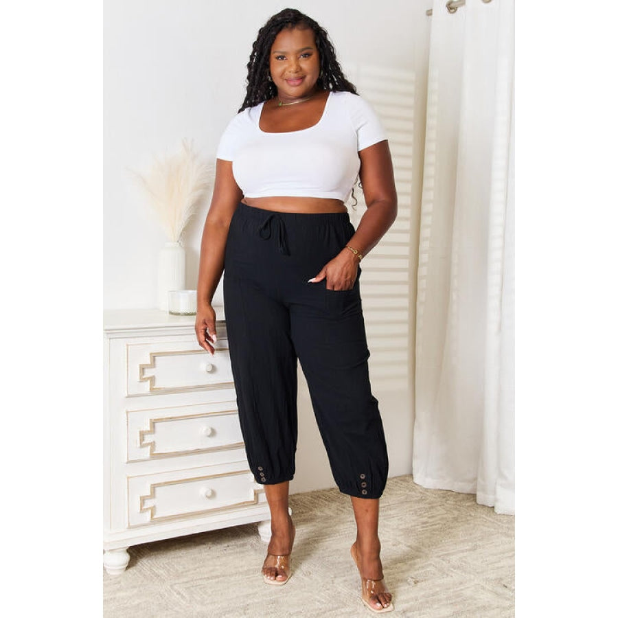 Double Take Decorative Button Cropped Pants Apparel and Accessories