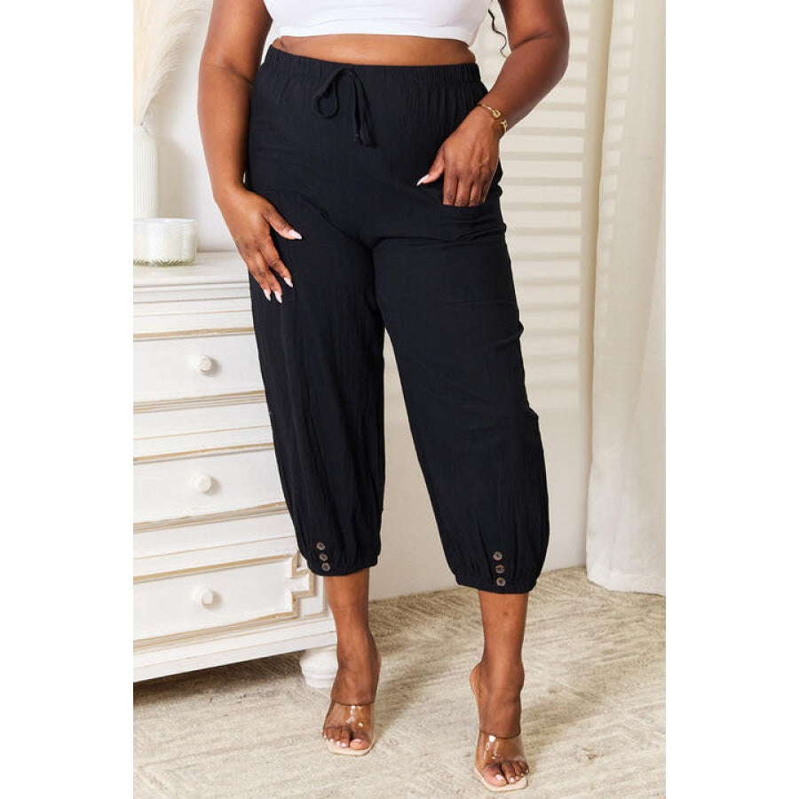 Double Take Decorative Button Cropped Pants Black / S Apparel and Accessories
