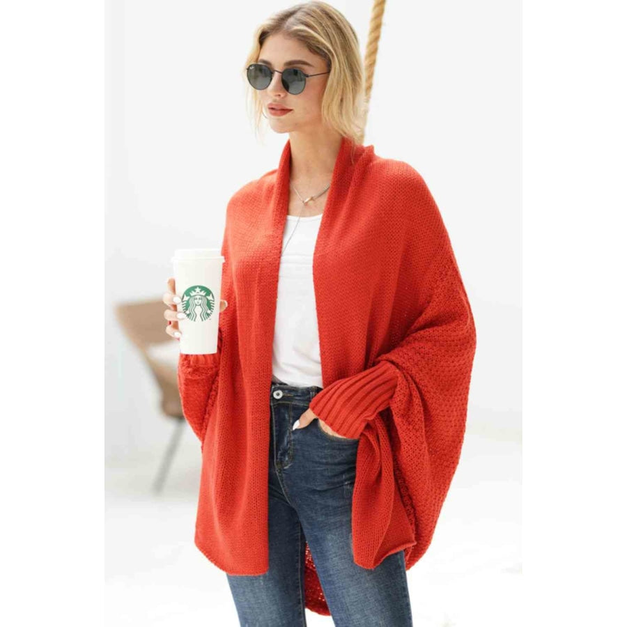 Double Take Dolman Sleeve Open Front Ribbed Trim Longline Cardigan Apparel and Accessories
