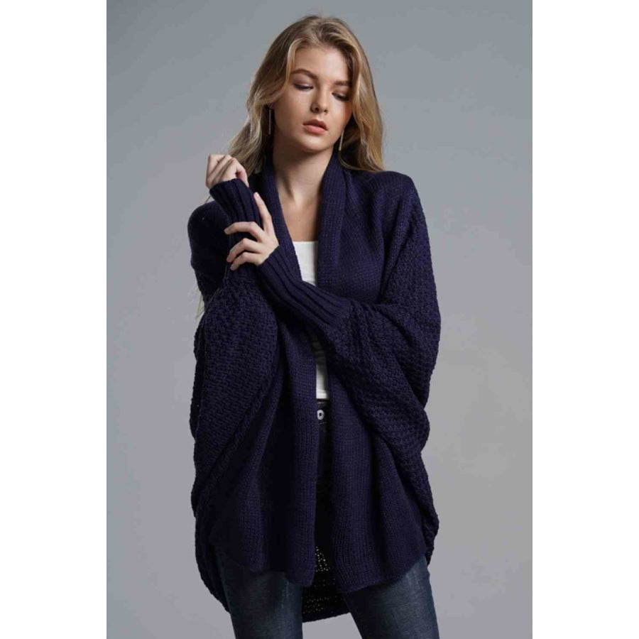 Double Take Dolman Sleeve Open Front Ribbed Trim Longline Cardigan Apparel and Accessories