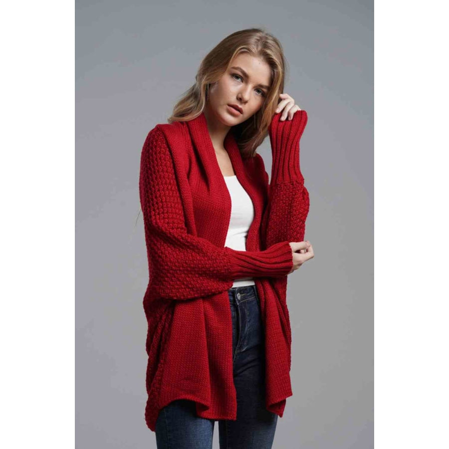 Double Take Dolman Sleeve Open Front Ribbed Trim Longline Cardigan Apparel and Accessories