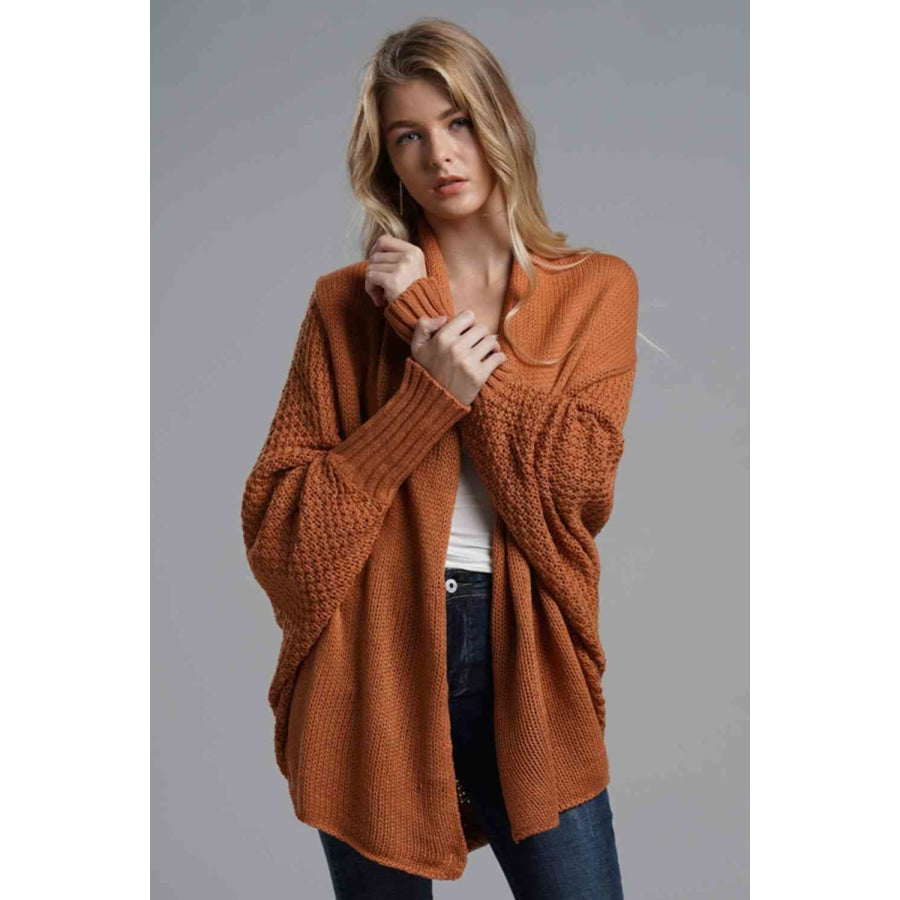 Double Take Dolman Sleeve Open Front Ribbed Trim Longline Cardigan Apparel and Accessories