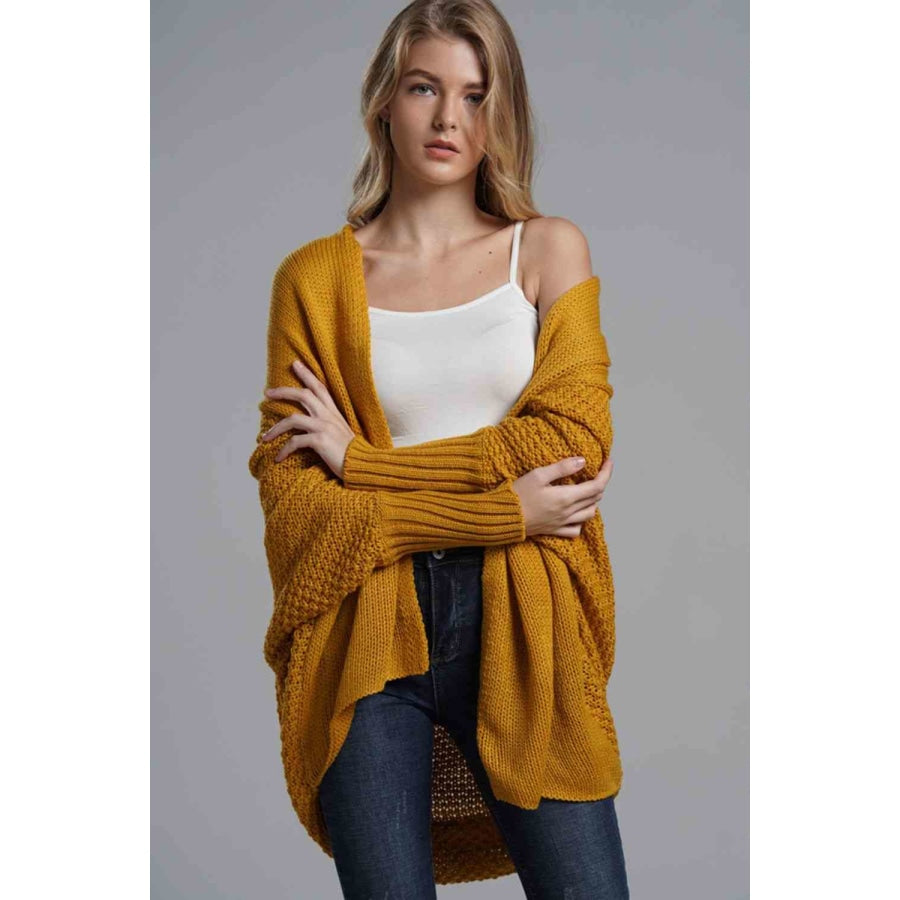 Double Take Dolman Sleeve Open Front Ribbed Trim Longline Cardigan Apparel and Accessories