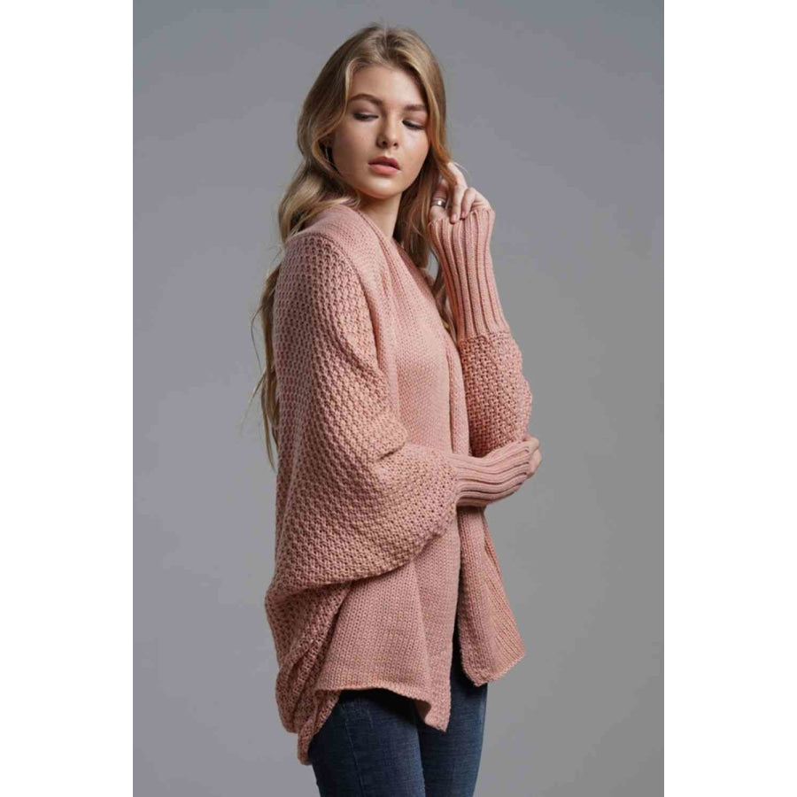 Double Take Dolman Sleeve Open Front Ribbed Trim Longline Cardigan Apparel and Accessories