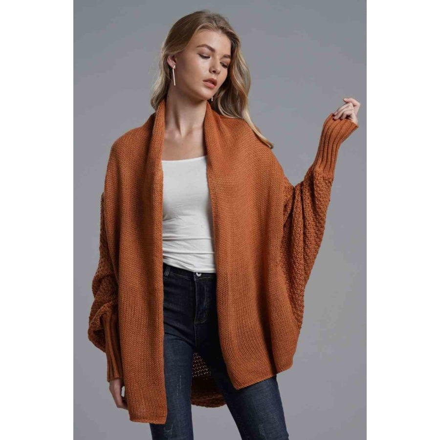 Double Take Dolman Sleeve Open Front Ribbed Trim Longline Cardigan Brick / One Size Apparel and Accessories