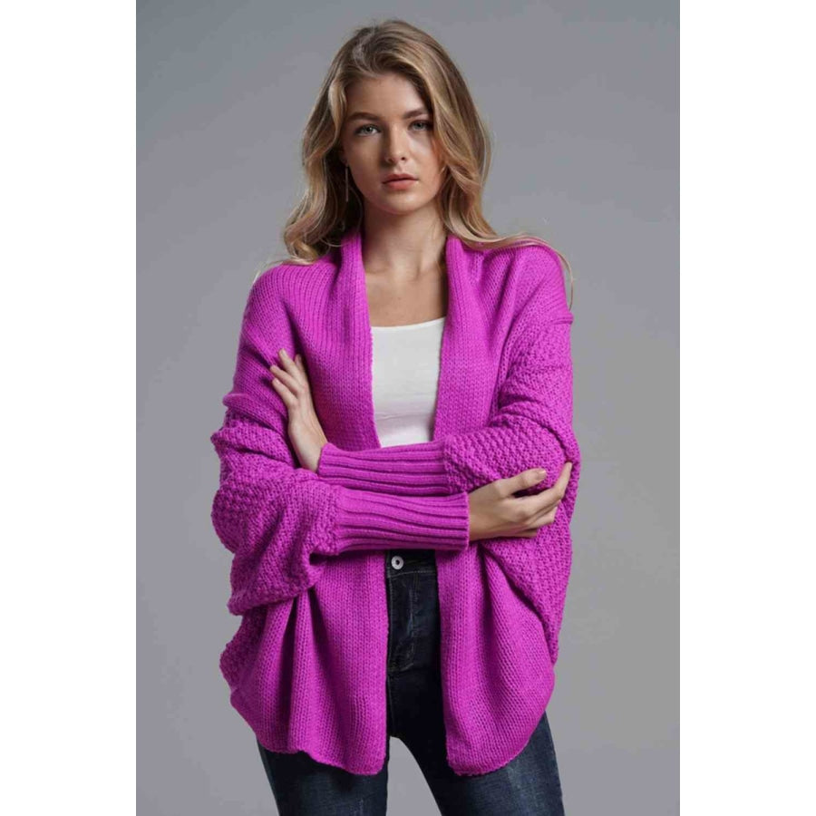 Double Take Dolman Sleeve Open Front Ribbed Trim Longline Cardigan Fuchsia / One Size Apparel and Accessories