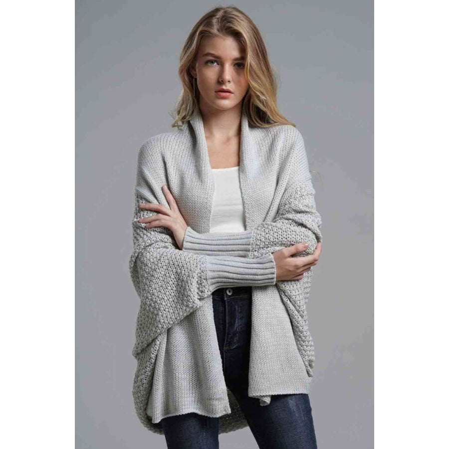 Double Take Dolman Sleeve Open Front Ribbed Trim Longline Cardigan Gray / One Size Apparel and Accessories