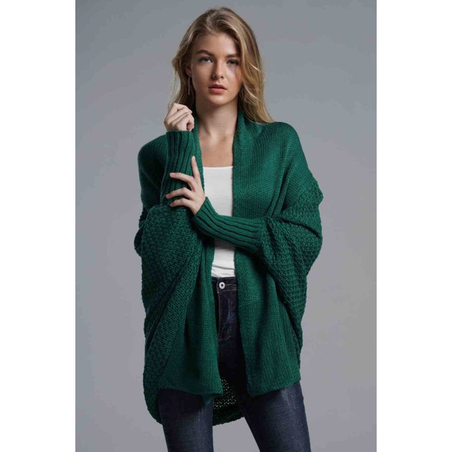 Double Take Dolman Sleeve Open Front Ribbed Trim Longline Cardigan Green / One Size Apparel and Accessories