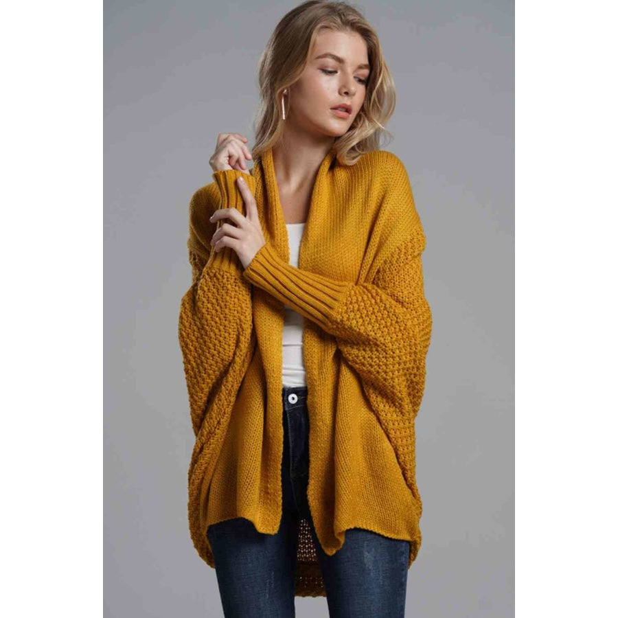 Double Take Dolman Sleeve Open Front Ribbed Trim Longline Cardigan Mustard / One Size Apparel and Accessories