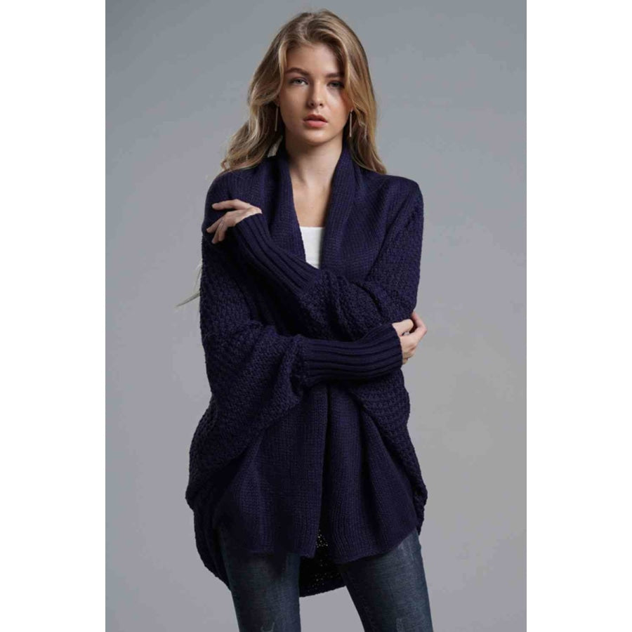 Double Take Dolman Sleeve Open Front Ribbed Trim Longline Cardigan Navy / One Size Apparel and Accessories
