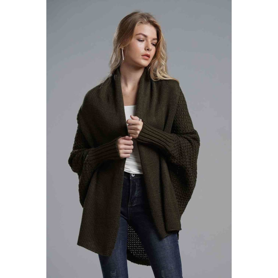 Double Take Dolman Sleeve Open Front Ribbed Trim Longline Cardigan Olive / One Size Apparel and Accessories