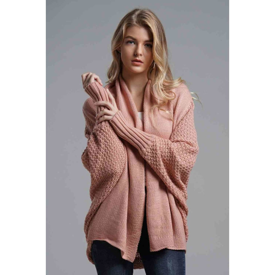Double Take Dolman Sleeve Open Front Ribbed Trim Longline Cardigan Pink / One Size Apparel and Accessories