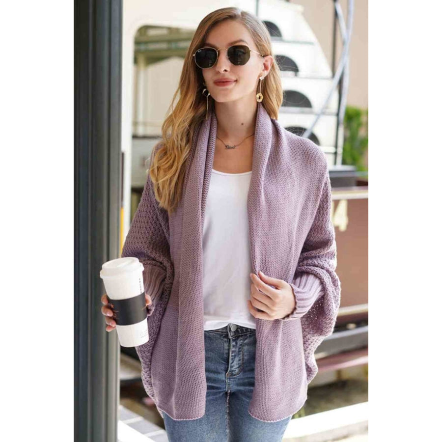 Double Take Dolman Sleeve Open Front Ribbed Trim Longline Cardigan Purple / One Size Apparel and Accessories