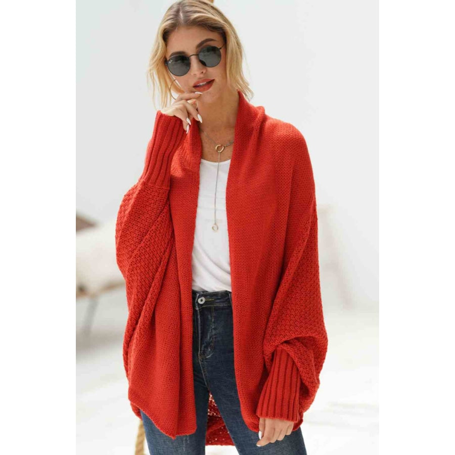 Double Take Dolman Sleeve Open Front Ribbed Trim Longline Cardigan Red / One Size Apparel and Accessories