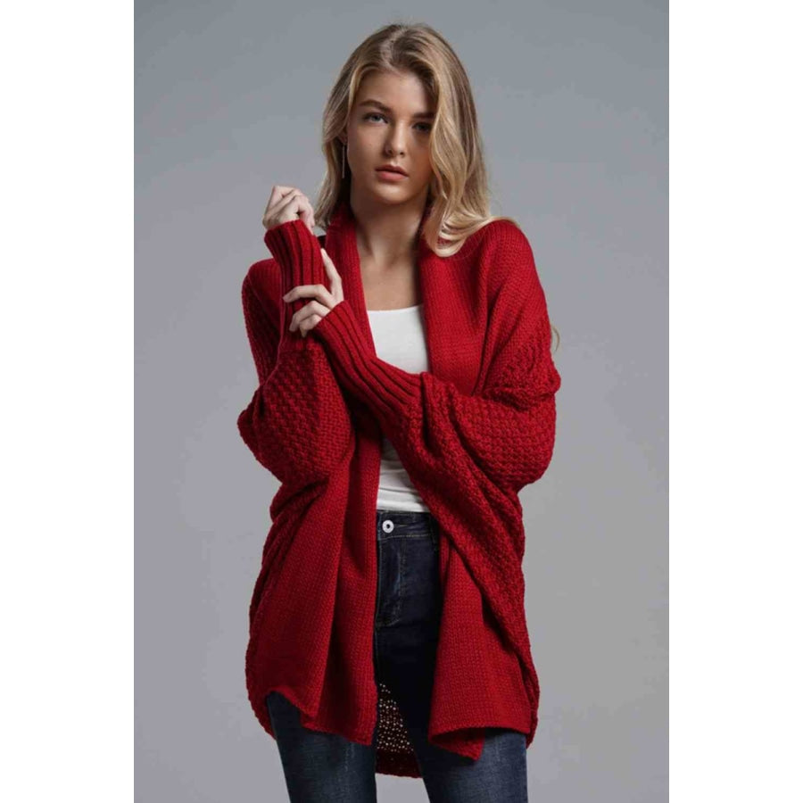 Double Take Dolman Sleeve Open Front Ribbed Trim Longline Cardigan Wine / One Size Apparel and Accessories