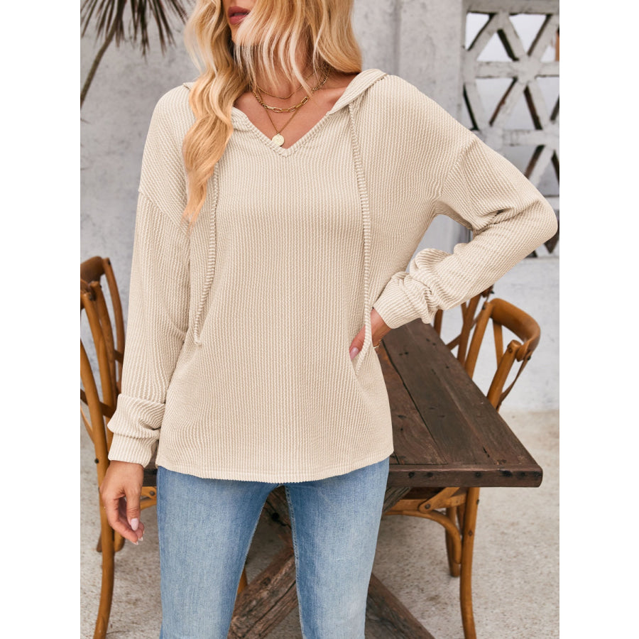 Double Take Drawstring Dropped Shoulder Long Sleeve Hoodie Tan / S Apparel and Accessories