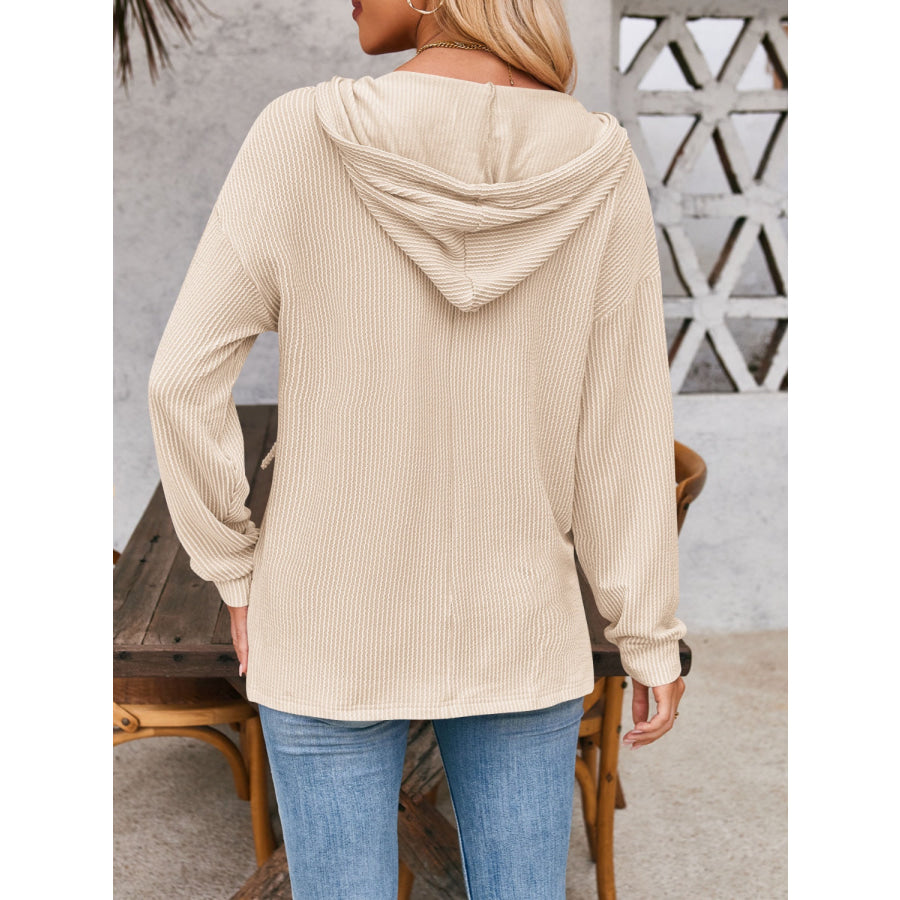 Double Take Drawstring Dropped Shoulder Long Sleeve Hoodie Apparel and Accessories