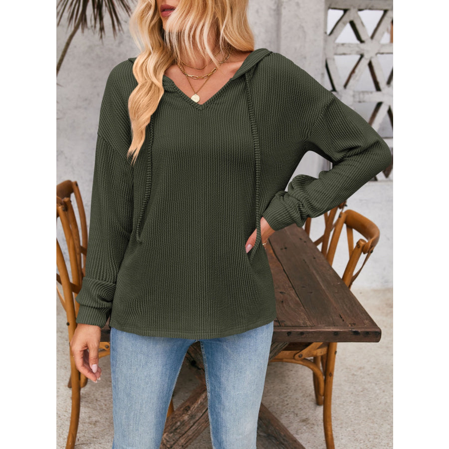 Double Take Drawstring Dropped Shoulder Long Sleeve Hoodie Apparel and Accessories