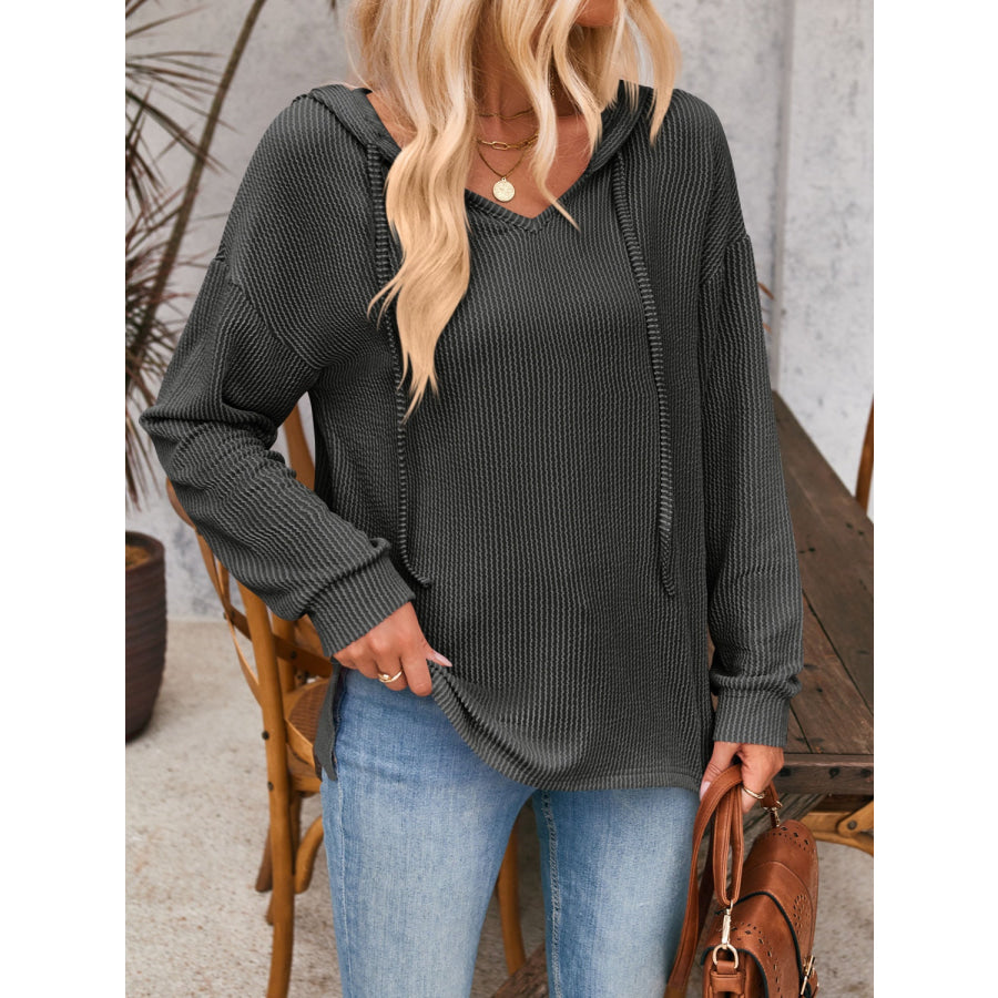 Double Take Drawstring Dropped Shoulder Long Sleeve Hoodie Apparel and Accessories