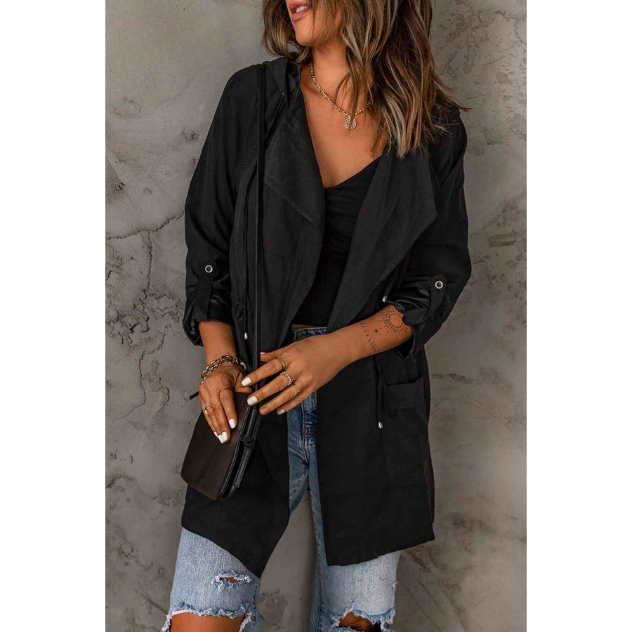 Double Take Drawstring Hooded Longline Jacket Apparel and Accessories