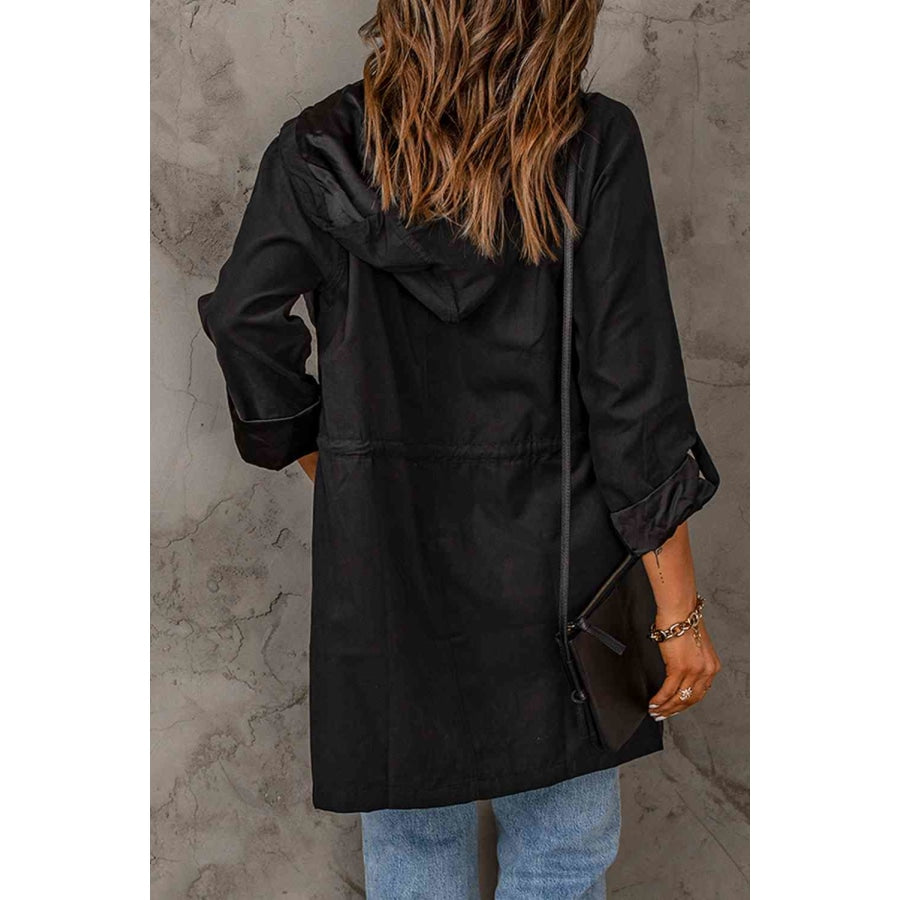 Double Take Drawstring Hooded Longline Jacket Apparel and Accessories