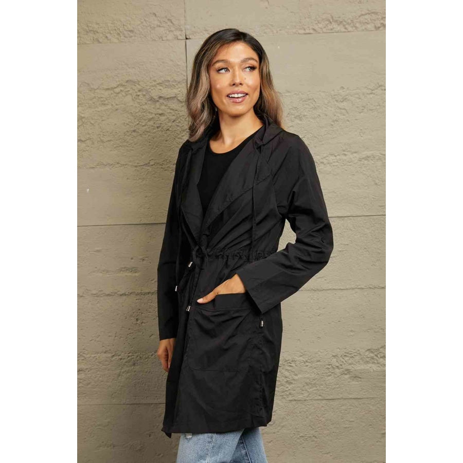 Double Take Drawstring Hooded Longline Jacket Apparel and Accessories