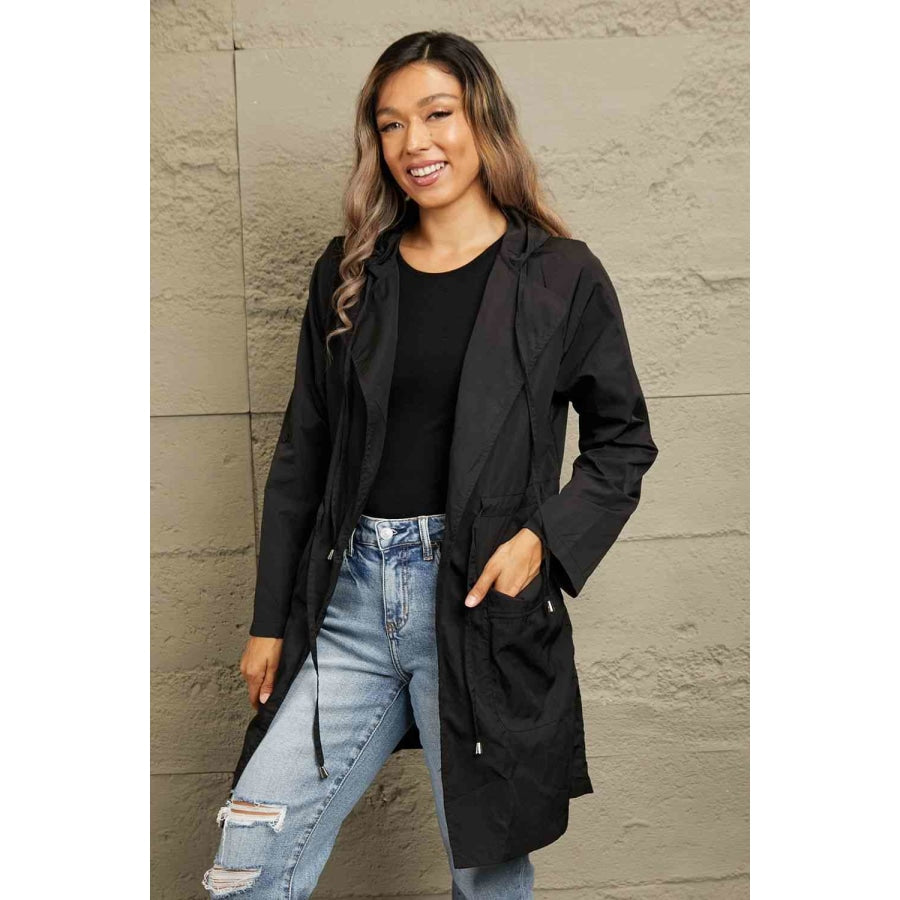 Double Take Drawstring Hooded Longline Jacket Apparel and Accessories