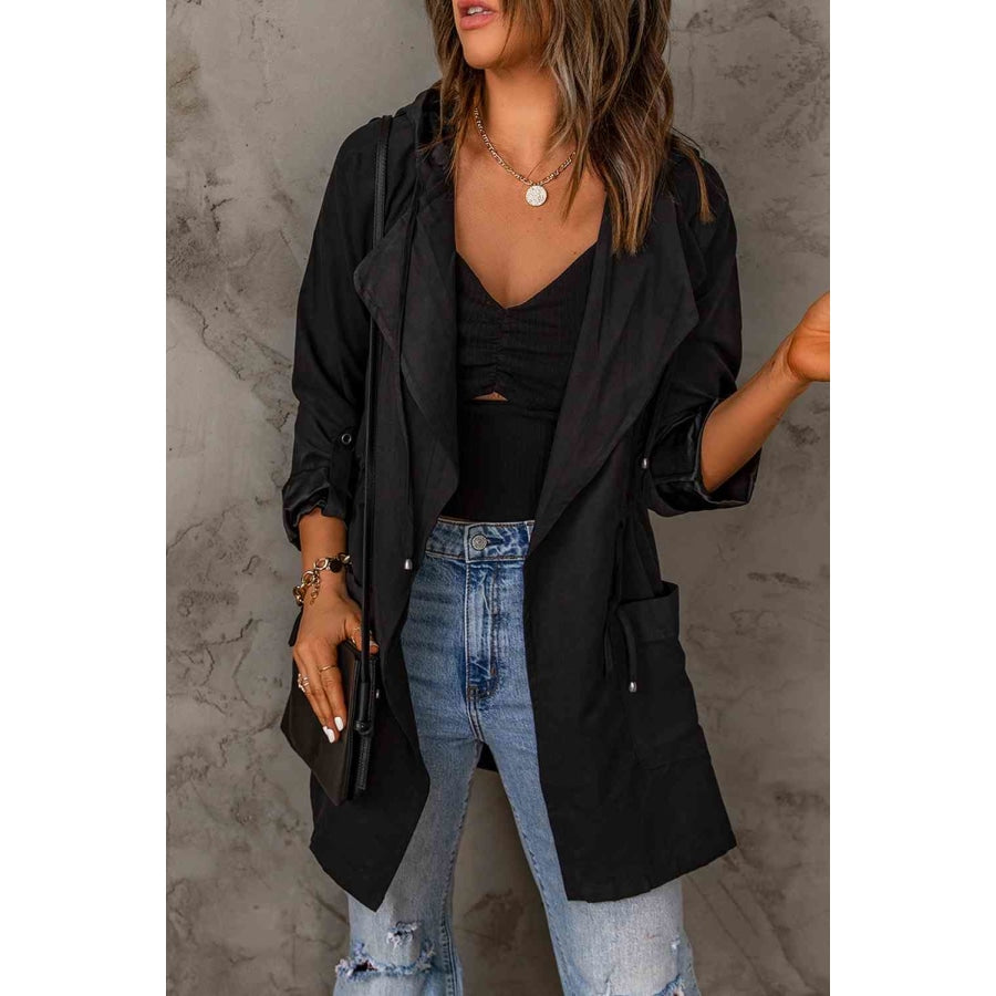 Double Take Drawstring Hooded Longline Jacket Apparel and Accessories