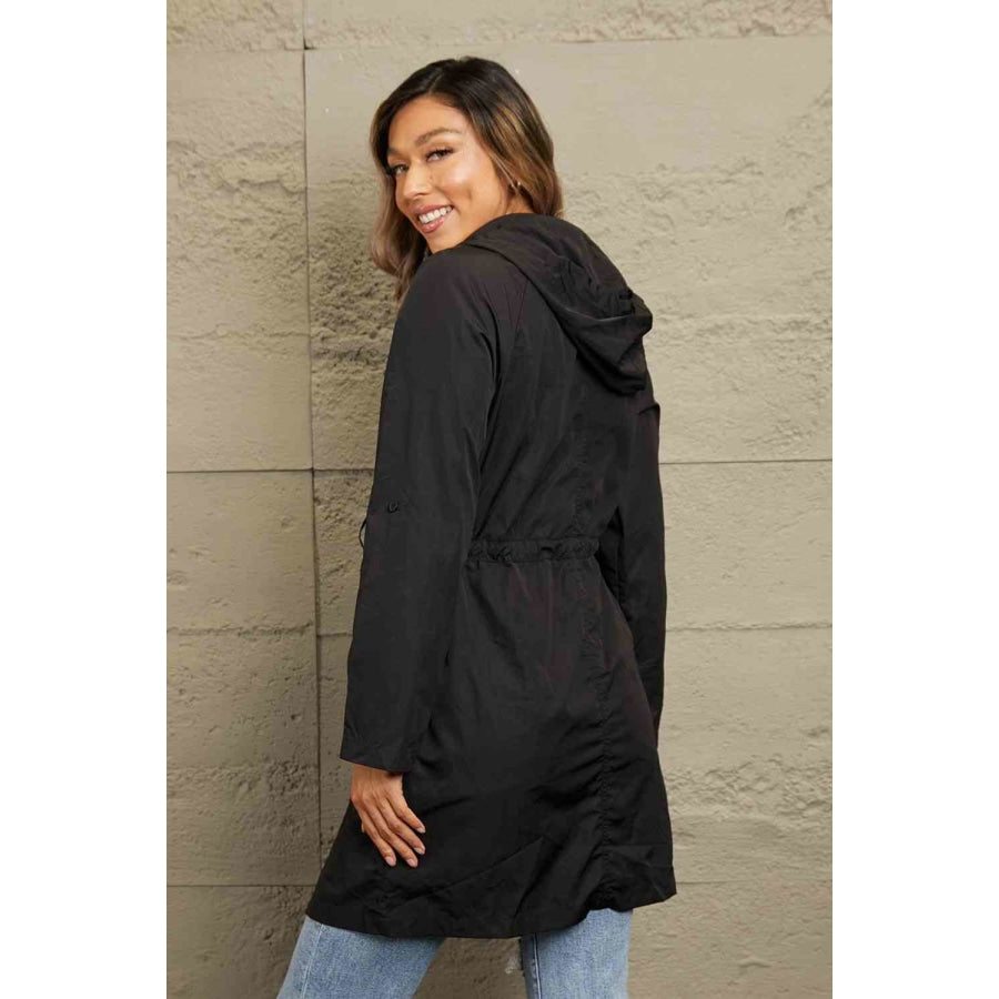 Double Take Drawstring Hooded Longline Jacket Apparel and Accessories