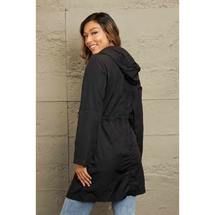 Double Take Drawstring Hooded Longline Jacket Black / S Apparel and Accessories