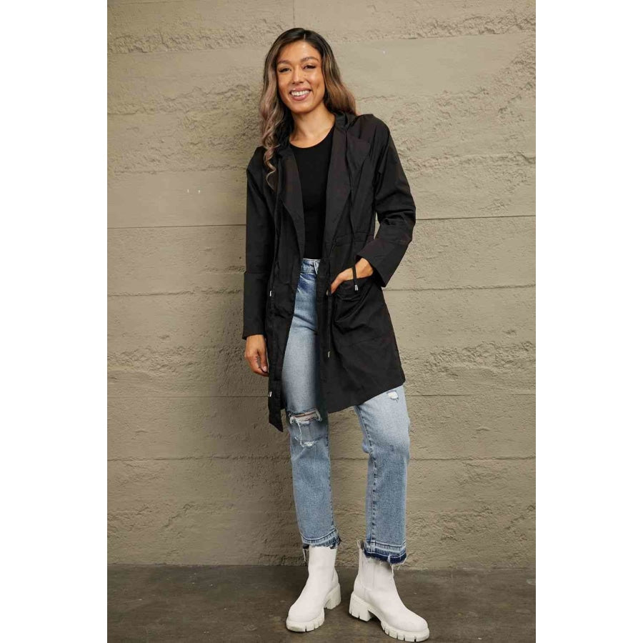 Double Take Drawstring Hooded Longline Jacket Apparel and Accessories