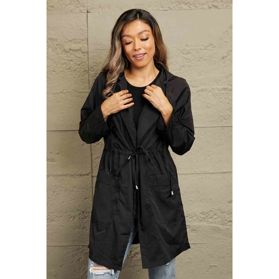 Double Take Drawstring Hooded Longline Jacket Black / S Apparel and Accessories