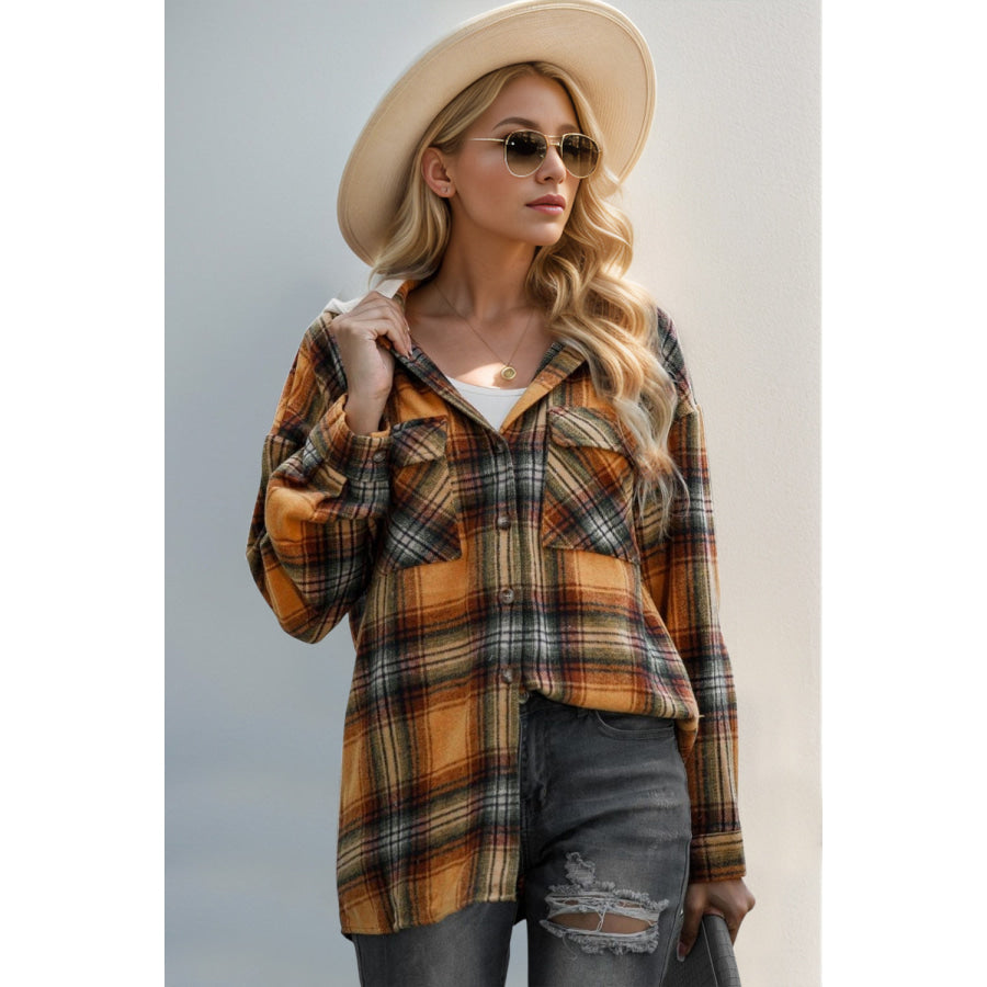 Double Take Drawstring Plaid Long Sleeve Hooded Shacket Apparel and Accessories