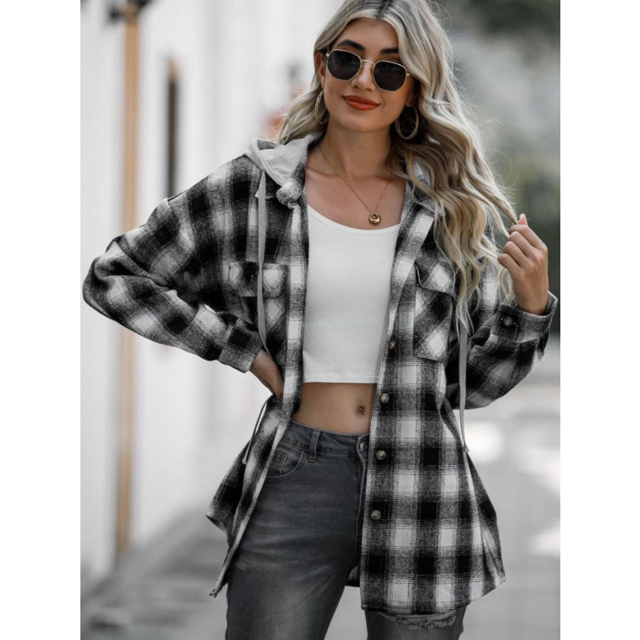 Double Take Drawstring Plaid Long Sleeve Hooded Shacket Apparel and Accessories