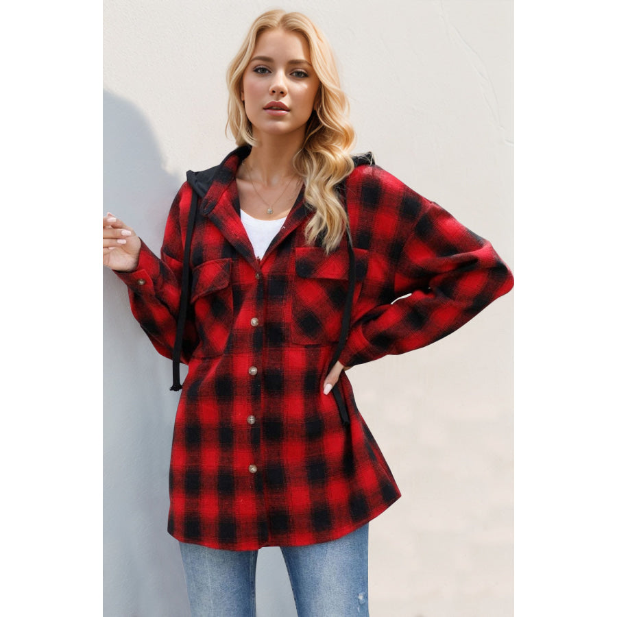 Double Take Drawstring Plaid Long Sleeve Hooded Shacket Deep Red / S Apparel and Accessories