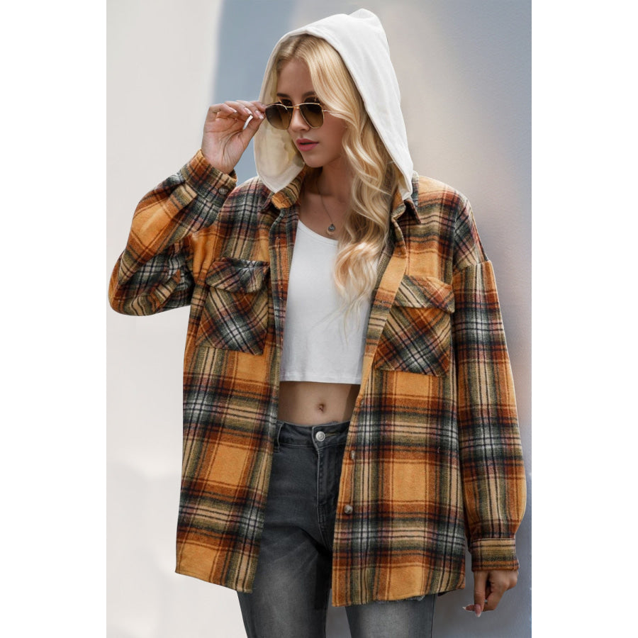 Double Take Drawstring Plaid Long Sleeve Hooded Shacket Sherbet / S Apparel and Accessories