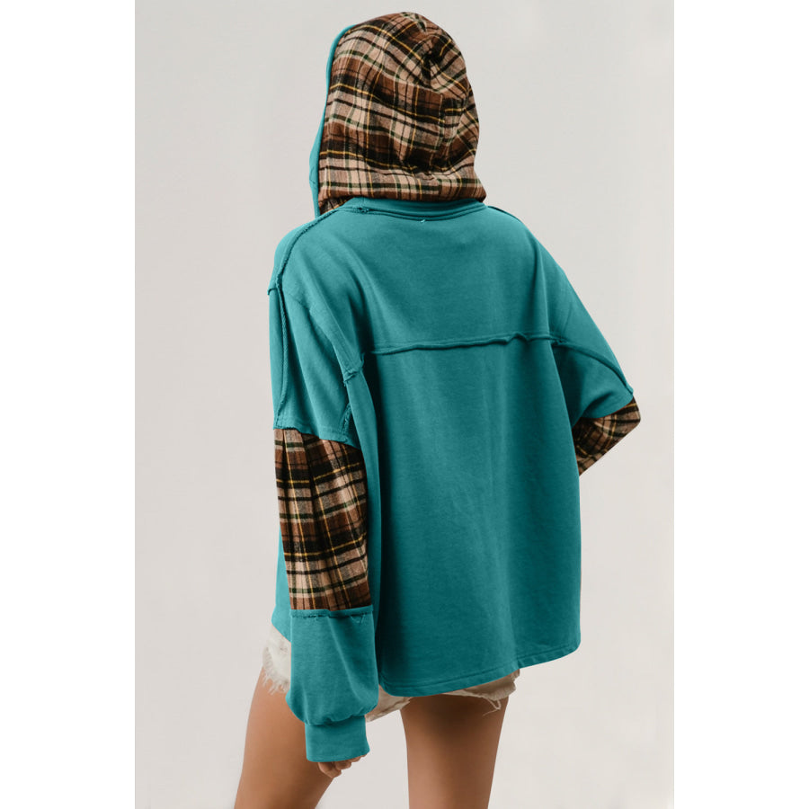 Double Take Drawstring Plaid Star Patch Long Sleeve Hoodie Teal / S Apparel and Accessories