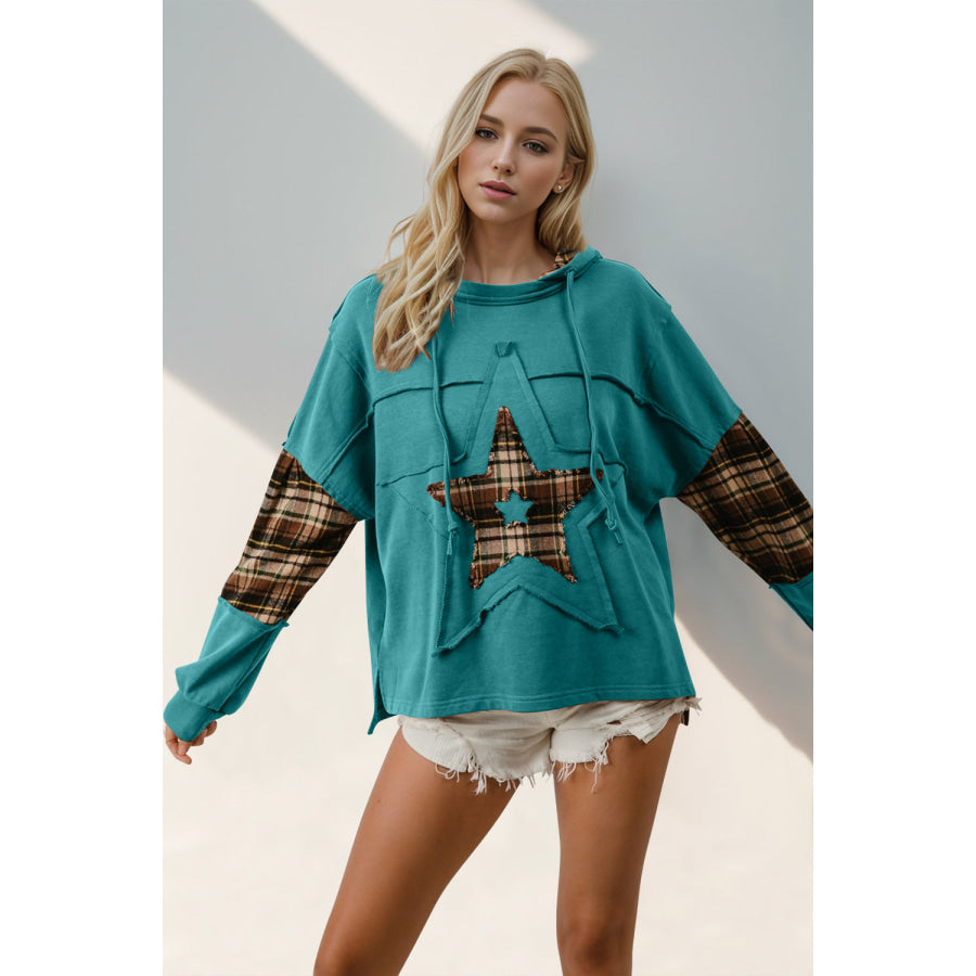 Double Take Drawstring Plaid Star Patch Long Sleeve Hoodie Teal / S Apparel and Accessories