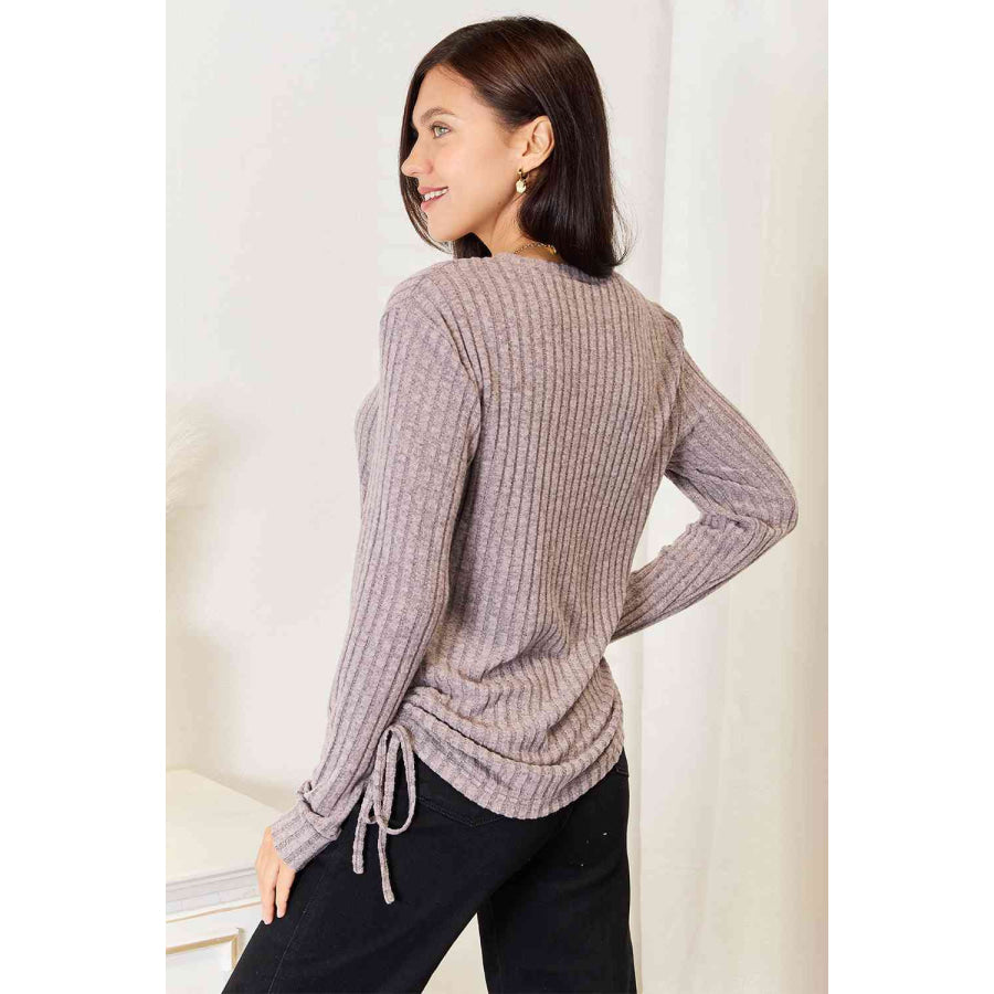 Double Take Drawstring Ribbed Long Sleeve T-Shirt Charcoal / S