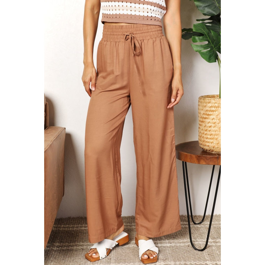 Double Take Drawstring Smocked Waist Wide Leg Pants Camel / S